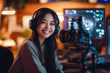 Naklejka premium Smiling podcast host recording in home studio
