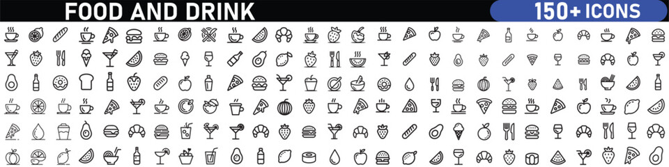 A set of outline icons related to food and drink. Linear icon collection. Editable stroke. Vector illustration. with white background