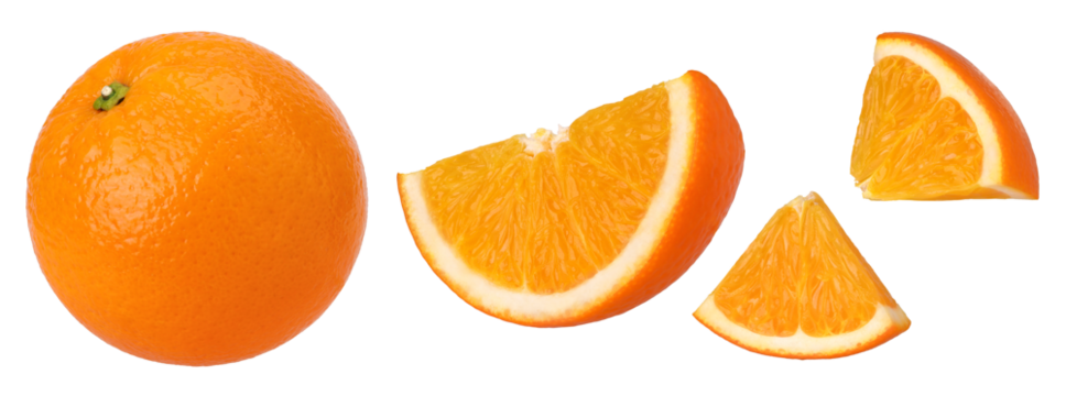 Orange fruit and slices isolated, transparent PNG, PNG format, This is a photo taken by a camera, not an AI-generated image
