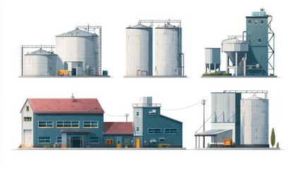 Collection of Industrial Buildings and Silos Illustrations