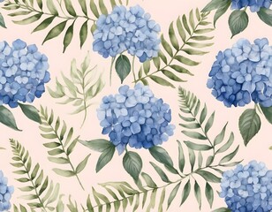 Seamless Floral Pattern with Blue Hydrangeas on pastel Background. for wrapping paper, textile design, stationery, wallpaper
