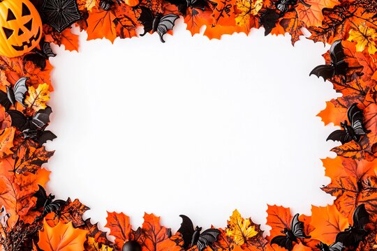 Blank Halloween card background decorated with pumpkins and autumn leaves for festive celebration