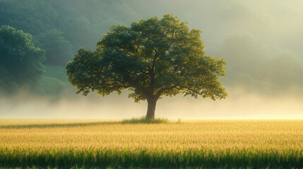 Fototapeta premium Lone tree standing in vast rice field at sunset