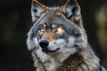 Fototapeta premium Wolf with radiant eyes reflects the power of the moon in a mystical forest setting under twilight sky