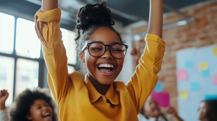 A teacher and students celebrating after completing a challenging project, showing enthusiasm for learning achievements.
