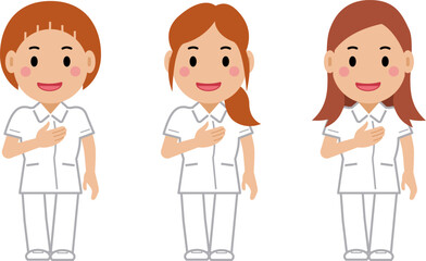 胸に手を当てて笑顔の白制服の女性看護師。その2