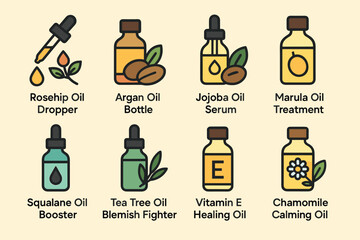 Essential oils filled icons set – 3d, natural, aromatherapy symbols