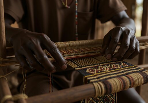 Hands of african man weaving traditional cloth. Male artisan working on textile loom makes ethnic fabric with colorful pattern. Design from Africa.