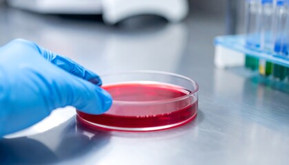 Gloved Hand and Petri Dish with Red Liquid in a Laboratory Setting