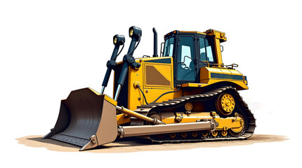 Obraz premium A magnificent yellow bulldozer in action at a bustling construction site. The powerful machine dominates the scene with its robust design and meticulously engineered components.