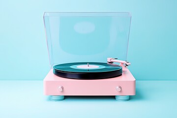 Minimalist pink record player on pastel background