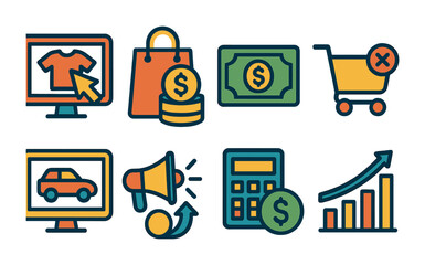 Business and finance outline icons set – flat, linear, economic and money symbols
