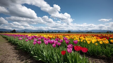 Spring Tulip Landscape with Clear Blue Sky