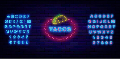Tacos street food. Mexican bar neon label. Taste of Mexico. Shiny blue alphabet. Vector stock illustration