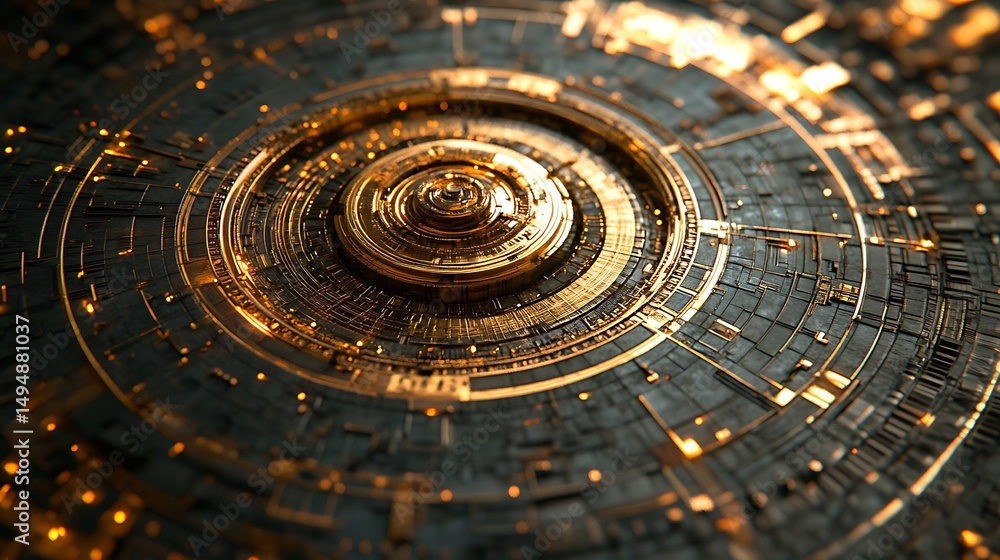 Poster intricate golden geometric pattern with circular design and tech elements