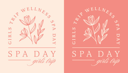 Spa day wellness girls trip club friends group besties self care weekend women shirt design logo. Pink floral boho chic elegant luxury lotus flower girly plants aesthetic illustration poster print. 