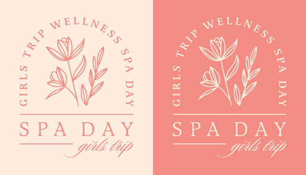 Spa day wellness girls trip club friends group besties self care weekend women shirt design logo. Pink floral boho chic elegant luxury lotus flower girly plants aesthetic illustration poster print. 