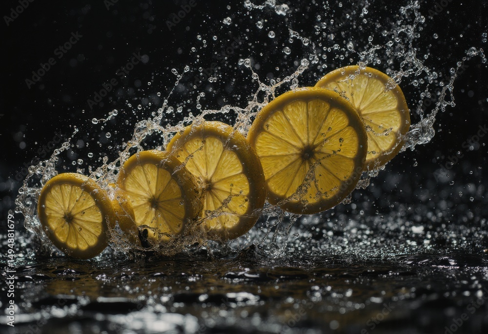 Poster slices of lemon splashing in water, creating a refreshing and vibrant scene