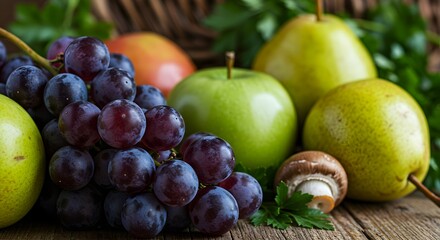 Fresh Autumn Harvest Juicy Grapes, Crisp Apples, and Ripe Pears - A Bountiful Display of Nature's Goodness