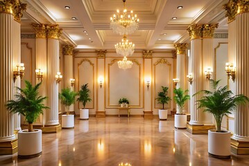 Elegant ballroom interior featuring gold accents crystal chandeliers and greenery