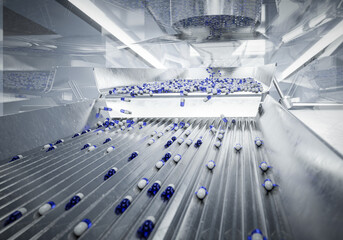 Blue and white capsules sorted in a pharmaceutical processing machine, showcasing manufacturing efficiency. 3d render