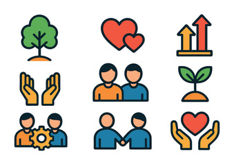 Fototapeta premium Community and growth line icons set – outline, friendship, support symbols