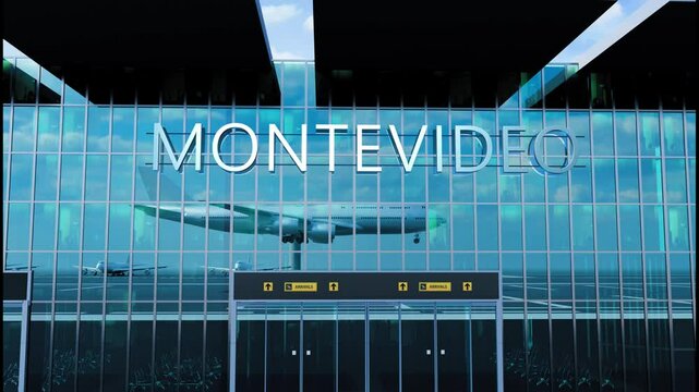 Airlane landing at Montevideo. Arrival in the city with reflection of airport and aircraft