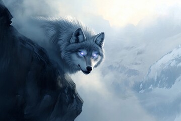 Obraz premium Wolf with radiant eyes reflects the power of the moon in a mystical forest setting under twilight sky