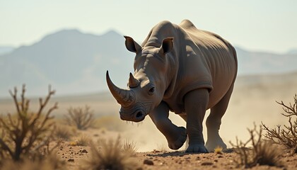 Fototapeta premium Rhino Running in African Savanna Dust with Mountains in Background