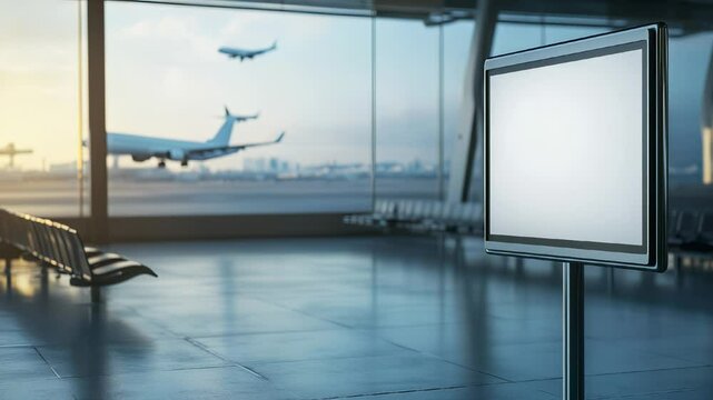 In a sunlit airport terminal, planes rise into the sky through large windows. Metal seats are empty, lined up neatly. A blank display board stands next to them, reflecting dawn light.