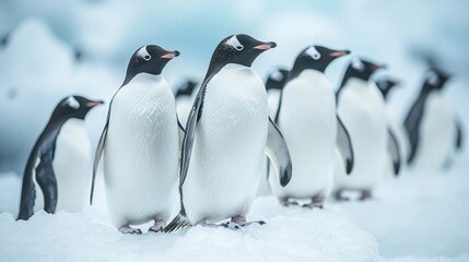 Fototapeta premium Gentoo penguins stand on ice