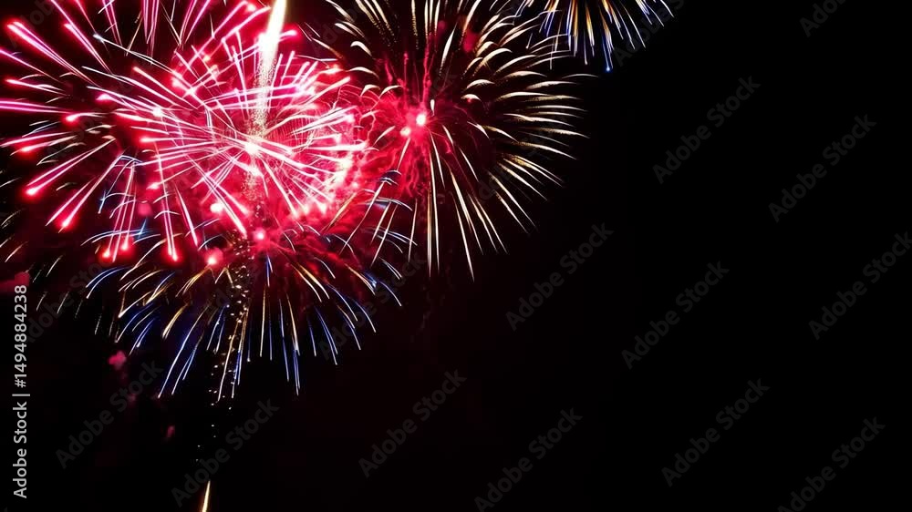 Poster bright fireworks exploding in the dark night sky with trails of light adding sparkle to a festive ev