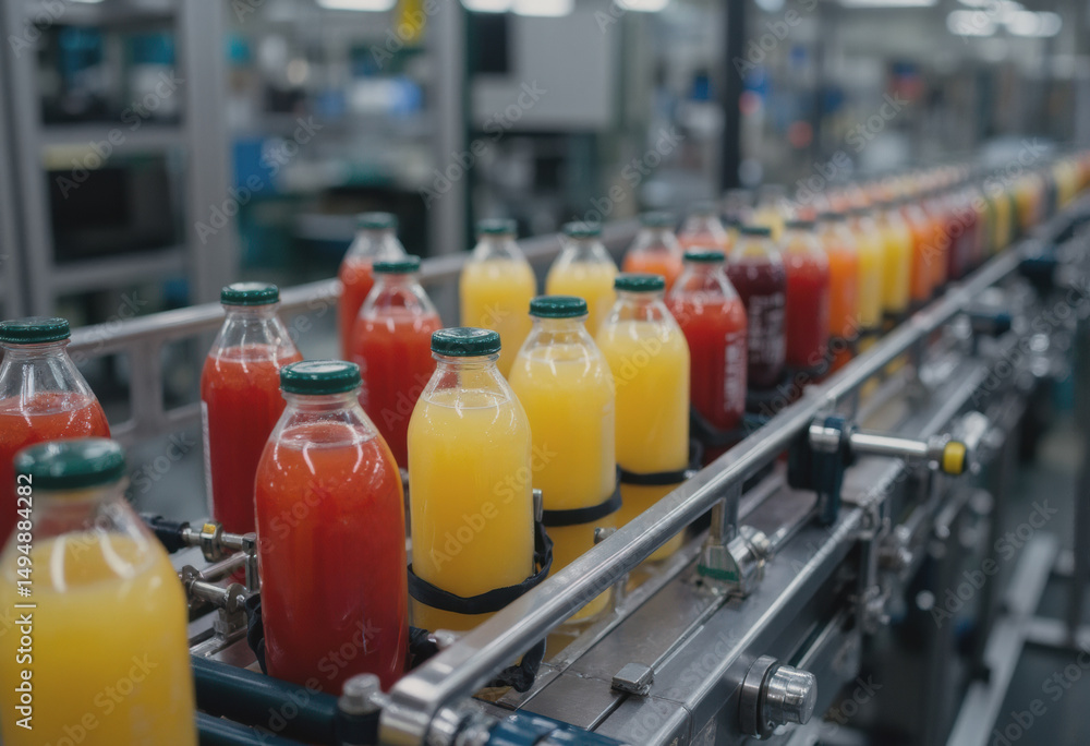 Poster bottles of colorful juice on a production line in a factory setting