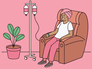 Cartoon-Style Flat Illustration of Senior Patient with Pink Ribbon Resting Comfortably in Chair