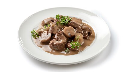 Beef bourguignon with mushrooms isolated on white background