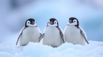 Obraz premium Three adorable penguin chicks on snow