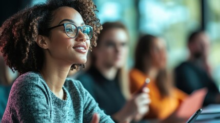 Obraz premium Teachers attending a professional development workshop, taking notes and engaging with a presenter.