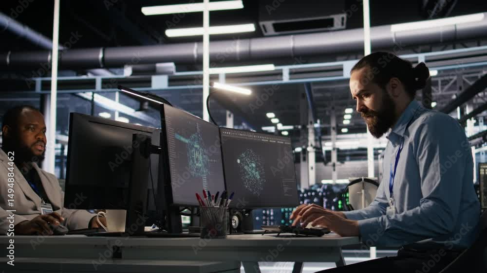 Poster server room it specialist frustrated by difficult complex tasks in office. stressed engineer develop