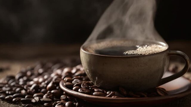 Warm Morning Brew: A steaming cup of aromatic black coffee is nestled amidst a pile of roasted coffee beans, as the steam rises creating a cozy, comforting atmosphere.