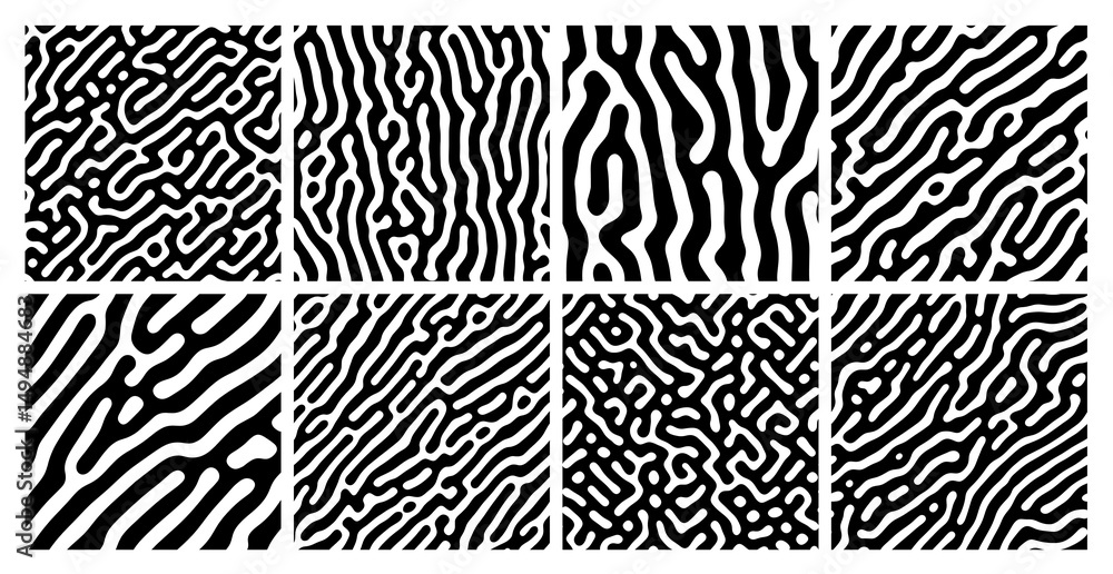 Poster set of reaction diffusion seamless patterns. abstract vector organic patterns for design