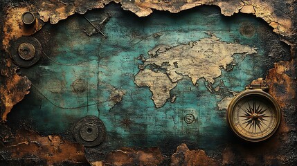 Eroded cartography: Vintage world map with compass evokes explorative adventure