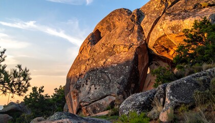Sunset illuminating a majestic rock formation, showcasing its intricate textures and golden hues against a serene twilight sky.