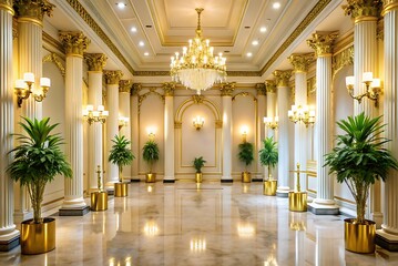 Luxurious grand ballroom interior with elegant gold accents and marble flooring architecture