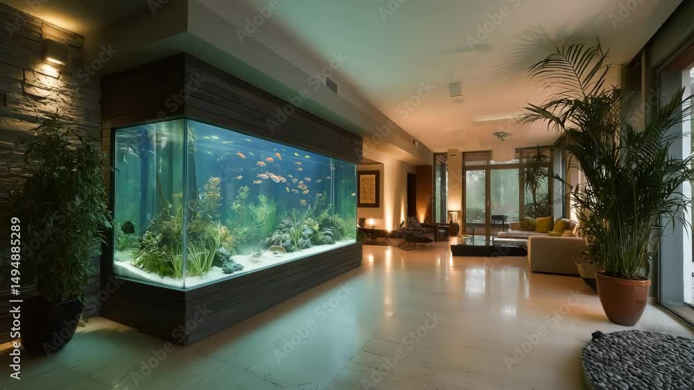Poster an elegant interior features a large aquarium filled with colorful exotic fish, creating a calming a