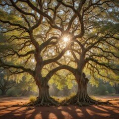 Ancient live oak draped in Spanish moss, sunlight filtering through , alabama, image