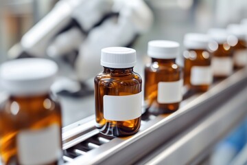 Multiple brown glass bottles arranged on a conveyor belt inside manufacturing facility, with white labels visible and background equipment slightly blurred