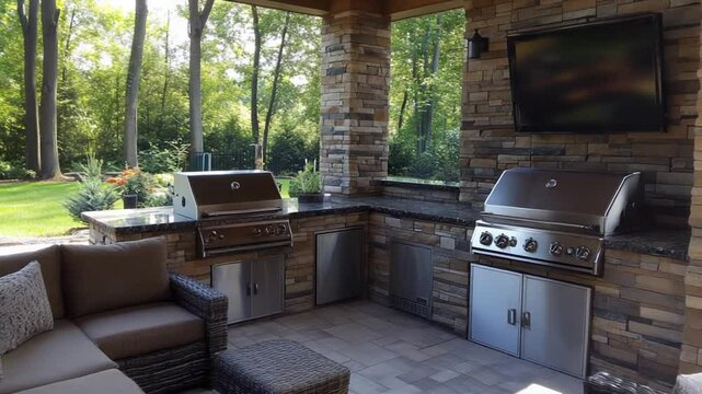 Luxury Outdoor Kitchen Design:  Granite Countertops, Stainless Steel Appliances, and Stonework