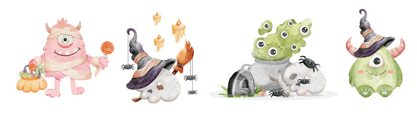 clipart halloween watercolor isolate monsters skull