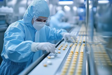 Technician in protective gear overseeing operations in pharmaceutical production line, ensuring quality control of tablets and capsules while monitoring machinery performance