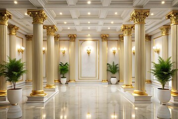 Luxurious classical interior with golden pillars marble floor and decorative plants